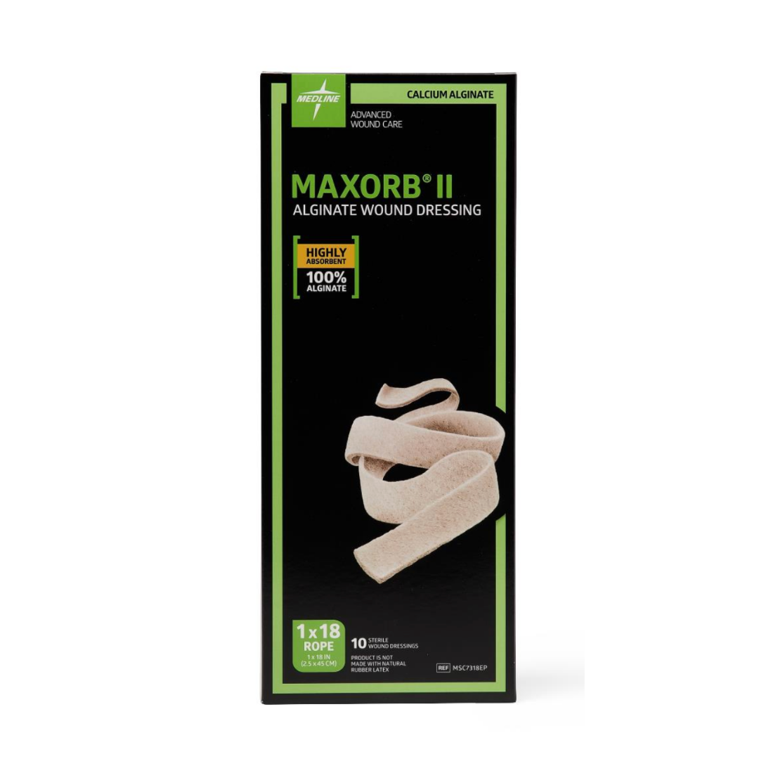 Black and green Maxorb II Alginate Wound Dressings box, showing a beige wound dressing strip. Features: 100% calcium alginate, highly absorbent 1x18 rope for advanced wound care. Contains 10 sterile dressings.